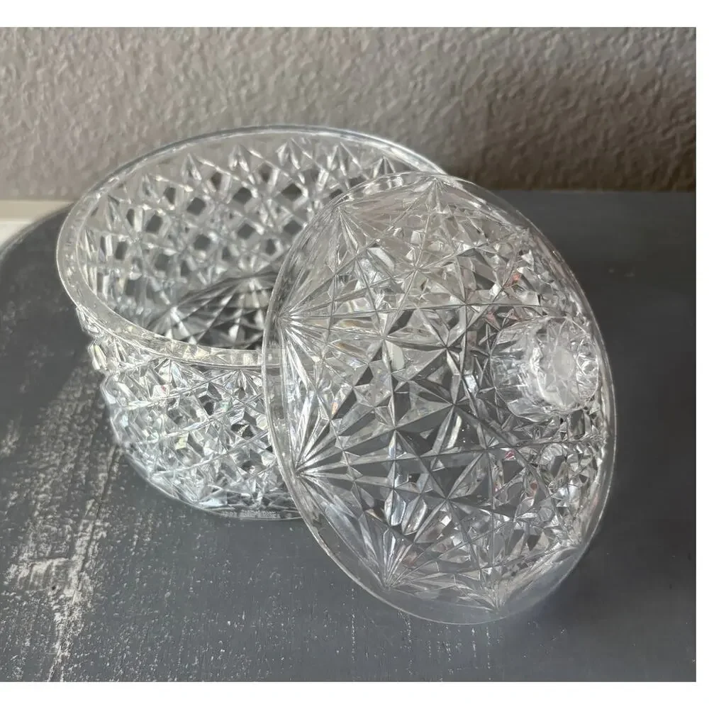 Vintage Clear Plastic Covered Candy Dish Trinket Box Starburst Diamond Pattern